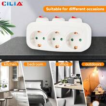 CILIA 1/2pcs EU Plug Adapter With 3 Sockets & 3 Individual Switches - 250V/16A White Power Strip ,Dorm Room Essentials College