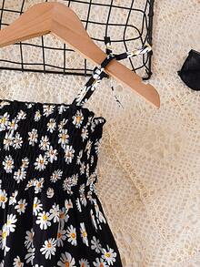 Young Girl's Little Daisy Beach Tie Suspender Dress Baby Floral Princess Dress - Black - View 4