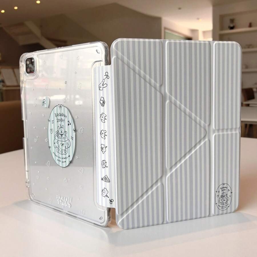 2025 新款 3+Y 可折叠亚克力平板电脑保护套，带手写笔插槽，兼容 iPad Air 4/5 10.9 英寸、iPad 5/6 9.7 英寸、iPad 第 11 代 (A16)、iPad Air 7/6 11 英寸，卡通设计，智能唤醒/睡眠 - 無色 - 查看 1