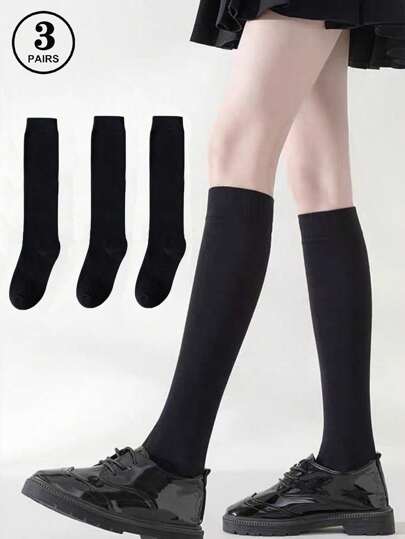3 Pairs Solid Color Versatile Casual Women Over The Knee Socks, Spring & Autumn