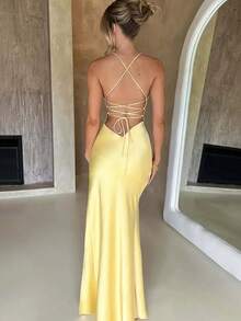 女士系带露背高开衩吊带礼服裙，优雅，适合情人节、婚礼、春季派对 - 芥末黃 - 查看 2