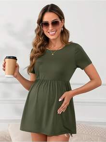 Women's Maternity Tops Short Sleeve Scoop Neck Elastic Band High Waist Shirts Pregnancy Clothes - xanh quân đội - Xem 4