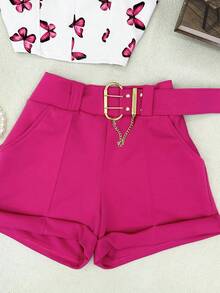 AMYLAN FASHION Neoprene Set Of Butterfly Crop Top With Padding + Shorts With Belt - Màu Hồng Tươi - Xem 3