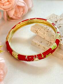 1 pieza Brazalete de estilo vintage con esmalte floral dorado, pulsera dorada, accesorio de joyería apta para niñas y mujeres, uso diario y regalo para festividades