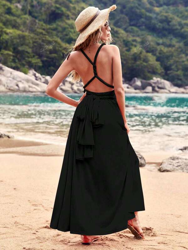 Women Casual Vacation Sexy Solid Color Halter Backless Cinched Waist Dress