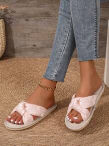 1 Pair Floral & Paisley Print Polyester Fabric Hollow-Out Satin Ribbon Slide Sandals, Lightweight Slip-On House Slippers For Women, Suitable For Indoors And Outdoors, All Seasons