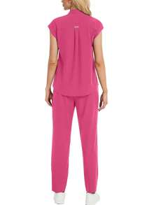2pcs/Set Notched Neck Top And Pants Healthcare Uniform Set Scrub Set - Hot Pink - View 3