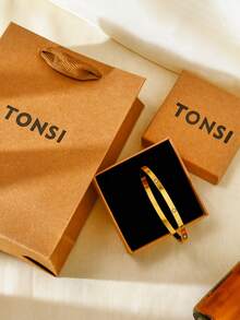 TONSI 1pc Minimalist 18K Gold Plated Stainless Steel Bracelet With Artificial Zirconia, Hypoallergenic, Waterproof, Suitable For Women & Girls, Daily Wear, Boxed Gift For Birthday, Festival