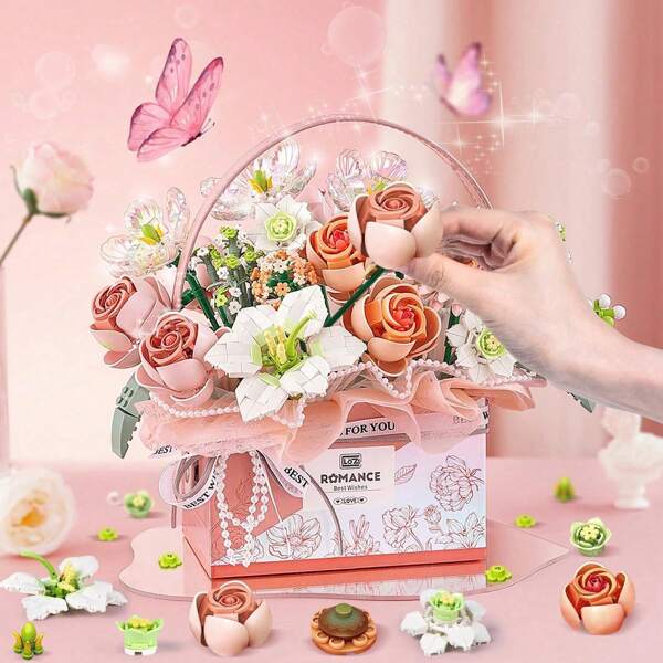 Blumenstrauß-Baustein-Set mit exquisitem Lichtstreifen, 1212 Partikelrosen-Bonsai-Kit, Blumenbaustein-DIY-Blumenstrauß-Handheld-Geschenkbox, kreatives Dekorationsgeschenk