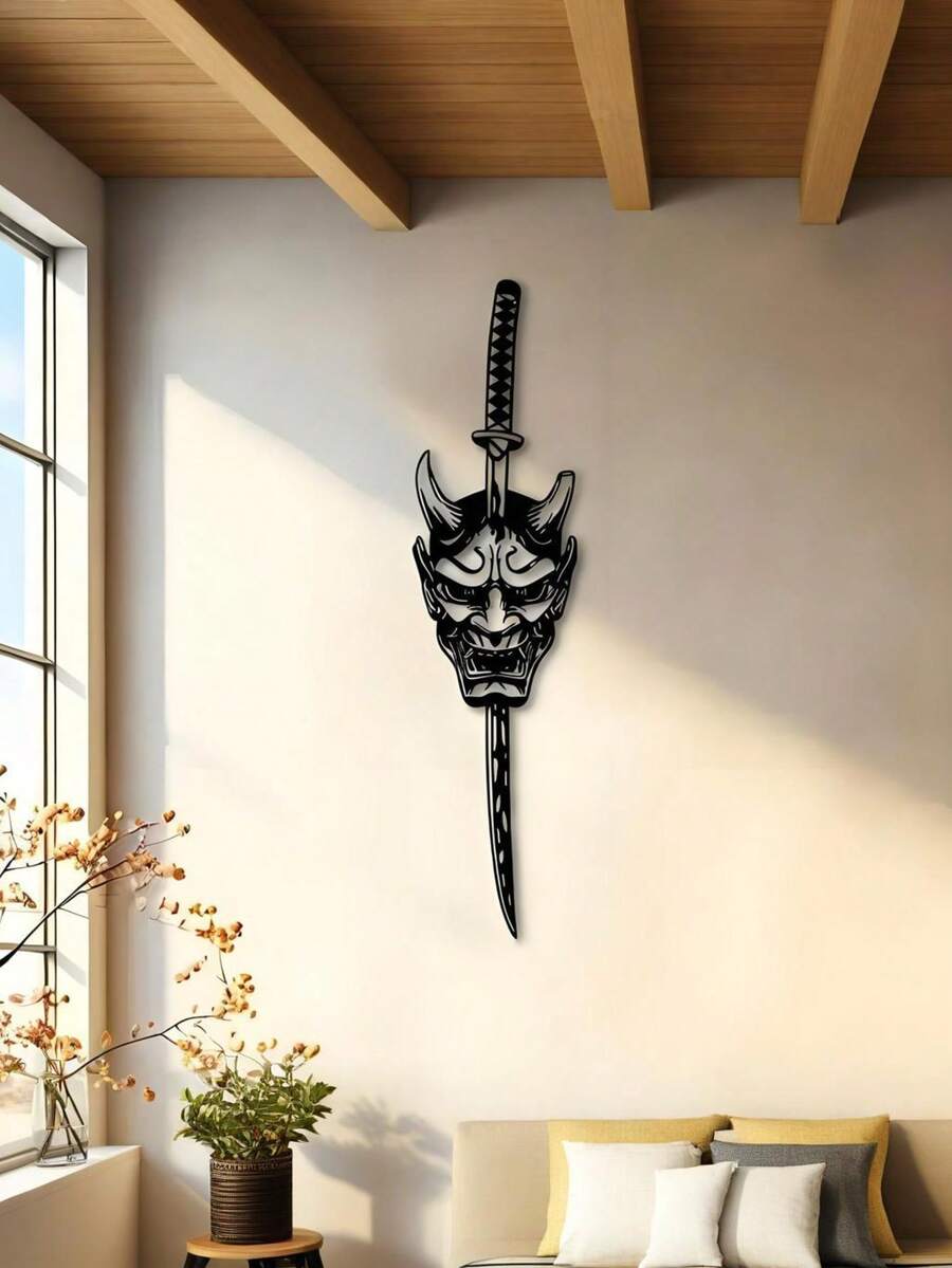 Escultura de pared de máscara de espada de samurái en estilo art déco - Decoración de jardín y hogar de acero negro, mural de valla único para patio o sala de estar, decoración exterior | Diseño de máscara místico | Recortes intrincados, decoración del hogar japonesa - Multicolor - Ver 1