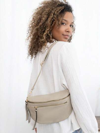 Fashionable Casual PU Leather Crossbody Bag With Double Zipper & Wide Webbing