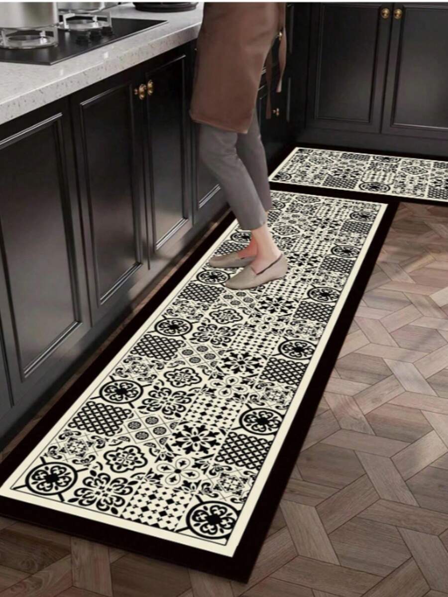Retro Pattern Geometric Kitchen Floor Mat, Velvet, European Classical Art Deco Style Floor Mat, Foldable, Easy To Clean, Barefoot Floor Mat, Summer Simple Kitchen Floor Mat, Pet-Friendly, Good Luster, Highly Praised Kitchen Floor Mat By Customers