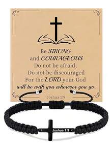 Goodwaro 1 件 18K 镀金不锈钢基督教礼物十字架手链，男/女手工编织信仰励志祈祷珠宝礼物 - 黑色 - 查看 26