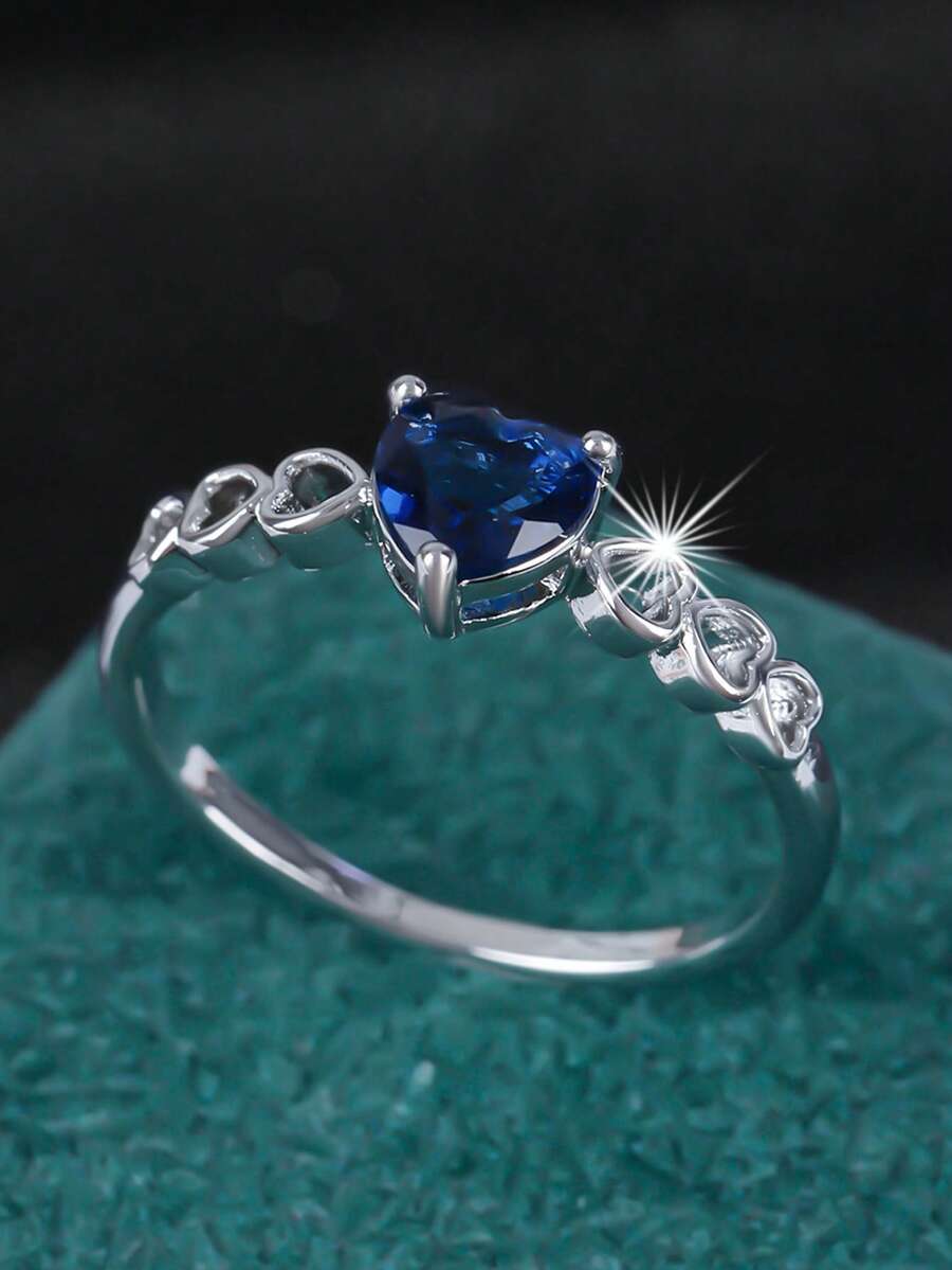 1pc Fashionable Elegant Heart-Shaped Cubic Zirconia Ring - Royal Blue - View 1