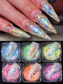 6 Colors Luxury Brocade Power Nail Glitter 1/6 Boxes Opal Pigment, Ice Crystal Pigment, Thin Film, Bright And Transparent Chameleon Glitter Nail Powder, Suitable For DIY Nail Salons Nail Supplies - Multicolor - View 1