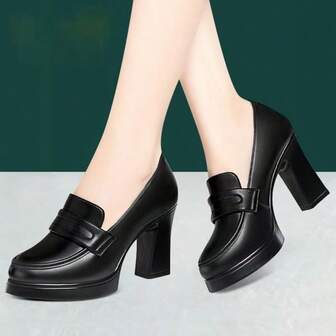 Fall/Winter Black Round Toe Platform High Heel Pumps For Women, Thick Heel, Non-Slip, Spring 2025 New Soft Leather Ladies Slip-On Shoes, Comfortable,Elegant,Loafers