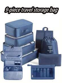 Juego de 9 en 1 Organizador de almacenamiento de viaje, cubos de embalaje plegables para el equipaje que incluyen bolsa de aseo, bolsa de maquillaje, bolsa de ropa interior, bolsa de zapatos, organizador de lencería y calcetines, bolsas de almacenamiento plegables para la ropa, adecuado para maletas