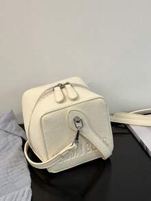 1 Pc New Style Girls' Solid Color Pu Material Cube, Shaped Mini Handbag With Zipper Closure, Interchangeable Shoulder Strap For Crossbody Or Hand Carry, Fashionable For Outings, Shopping, Parties, And Gift For Friends - A - View 3