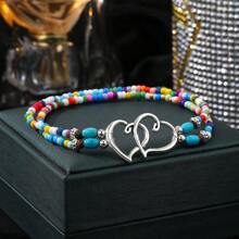1pc Bohemian Layered Beaded Women's Hollow Double Heart Charm Ankle Bracelet Summer Beach Vacation Foot Jewelry Gift