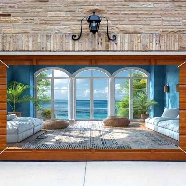 A 3D Floral Landscape Garage Door Banner - Waterproof Fabric Outdoor Party Decoration With Easy To Hang Metal Eyelets For Holiday Decoration, Suitable For Photo Booths, Birthdays, Weddings