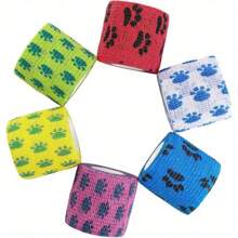 6 Rolls Of Mixed Color Cute Paw Print Self-Adhesive Bandages, Pet Bandages, Non-Woven Bandages, Adhesive Gauze, Suitable For Dogs, Cats, Horses, Birds, Sports On Ankle, Knee, Wrist Support Self-Adhesive Multifunctional Bandages