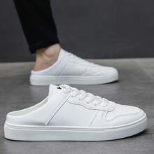 Summer Slip-On Shoes For Men, Solid Color Casual PU Leather Lace-Up Sneakers, Office & Outdoor, All Season - White - View 5