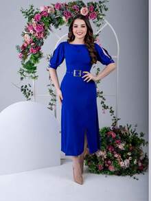 Plain Midi Dress With Zipper On The Back Comes With A Belt With Gold Buckle With Front Slit Elegant Sophisticated And Modest - Royal Blue - View 4