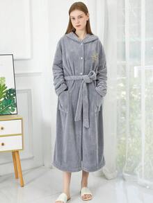 一件珊瑚绒连帽条纹浴袍家居服返校 - 灰色 - 查看 13