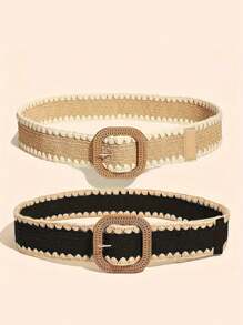 2pcs Plus Size XXL Bohemian Hollow Woven Rattan Women's Belts, Matching Casual Suits, Beach, Party Summer, School