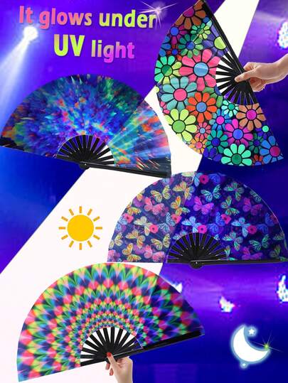 1pc Large UV Rave Hand Fan, Bamboo Frame, Suitable For Parties, Music Festivals, Performances And Gifts