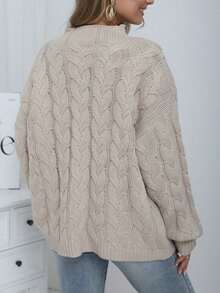 Plus Size Cable Knit Pullover Sweater, Dropped Shoulder Long Sleeve Crew Neck Warm Knitted Top Vacation - Khaki - View 6