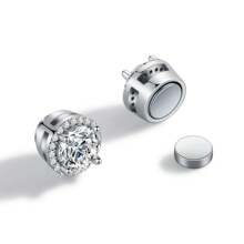 1 pereche de cercei magnetici din argint S925, la modă, 1 carat, 6,5 mm, cercei magnetici cu diamant moissanit, fără piercing, diamante clare VVS1 de culoare D în laborator, cercei anti-alergici pentru bărbați și femei