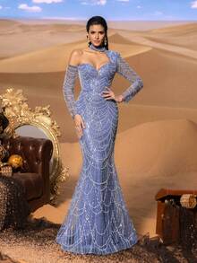 Faeriesty Hochglanz glamouröses paillettenbesetztes Meerjungfrauenkleid mit Choker-Ausschnitt und transparenten Ärmeln - anliegende Silhouette und bodenlanger Schleppe für Abendgalas und luxuriöse Hochzeiten - Blau - Übersicht 2