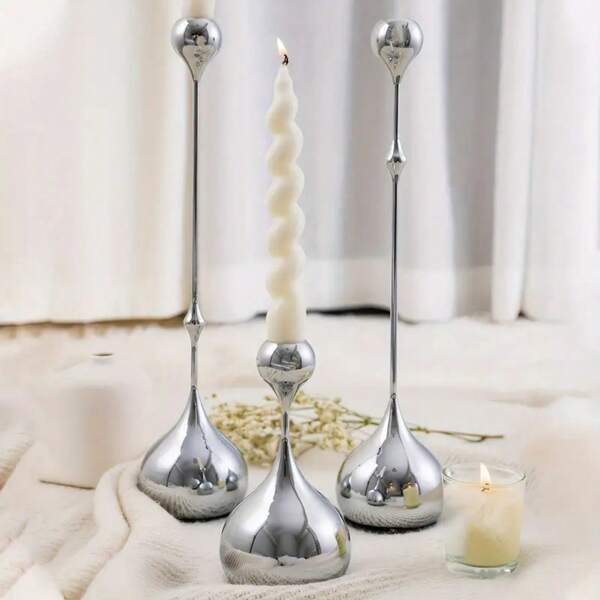 1pc/3pcs Metal Glitter Water Drop Design Candle Holders, Luxury Modern Decor Candlestick, Holiday Wedding Housewarming Gift (Black), Candles Not Included