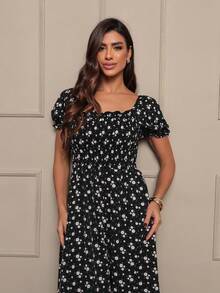 Long Dress With Puffed Sleeves Elastex Print - Black Color - View 3