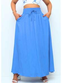 Saia Longa Feminina com Bolsos e Cós Alto – Verde Menta, Tecido Leve, Casual Elegante - Azul celeste - Visão 2