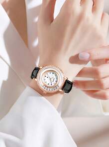 TIRENSE 1pc Elegant Rhinestone Leather Watch Waterproof Quartz Movement Fashionable Women's Watch