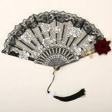 Abanico plegable vintage de rosas de estilo flamenco español - Elegante abanico de mano negro para damas, adecuado para fiestas y bodas, perfecto para decoración de habitaciones