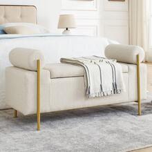 Ghế dài Ottoman lưu trữ, Ghế dài lối vào bọc vải lanh có tay vịn cuộn, Ghế dài cuối giường có chân sắt, Ghế dài có đệm cho phòng khách, phòng ngủ, Lối vào Ký túc xá lưu trữ trở lại trường - Màu be - Xem 1