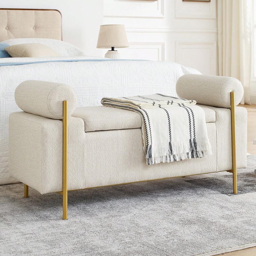 Ghế dài Ottoman lưu trữ, Ghế dài lối vào bọc vải lanh có tay vịn cuộn, Ghế dài cuối giường có chân sắt, Ghế dài có đệm cho phòng khách, phòng ngủ, Lối vào Ký túc xá lưu trữ trở lại trường - Màu be - Xem 1