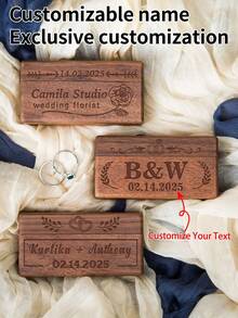 1 pieza Caja de madera grabada con "Sr y Sra" - Elegante portaanillos de compromiso/boda cuadrado negro, regalo creativo para aniversario/cumpleaños/Día de San Valentín, vuelta al colegio - Nogal (forrado de arpillera) - Ver 4