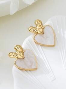1 Pair Vintage Textured White Heart Stud Earrings For Women, Suitable For Weddings, Parties, And Daily Wear - White - View 3