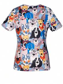 Women's Spring & Summer Cartoon Dogs V-Neck Scrub Short Sleeve Nurse Uniform Tops With Pockets For Women - Multicolor - View 2