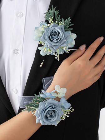 2pcs/1pc Baby's Breath & Rose Wrist Corsage And Boutonniere, Suitable For Groom, Bride, Father, Mother, Grandparents Wedding Decoration And Wear, Prom Party, Homecoming Accents