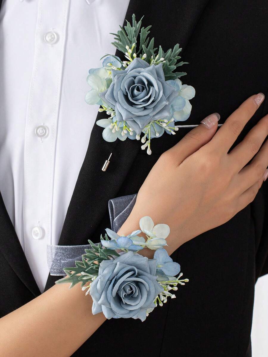2 piezas/1 pieza Muñequera de Flores de Novia y Boutonnière, Adecuado para Novio, Novia, Padre, Madre, Abuelos Decoración y Uso en Boda, Fiesta de Graduación, Accesorios del Día de San Valentín