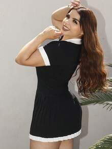 Lupita Cardoza Casual Contrast Color V-Neck Pleated Knit Sweater Dress - Black - View 3