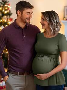 Women's Maternity Tops Short Sleeve Scoop Neck Elastic Band High Waist Shirts Pregnancy Clothes - xanh quân đội - Xem 5