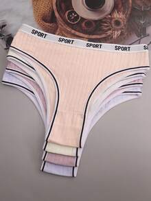 4条装女士彩色字母条纹舒适弹力运动丁字裤