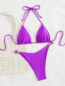 New Fashionable Sexy Solid Color Halter Strap Triangle Bikini Women's Swimsuit - Purple - View 3