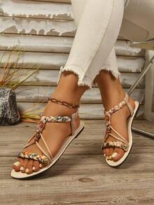 女士宽楦平底凉鞋，时尚奢华舒适凉鞋，百搭派对凉鞋，轻便户外沙滩休闲凉鞋，宽楦设计，适合夏季日常穿着、派对及户外活动 - 米色 - 查看 6